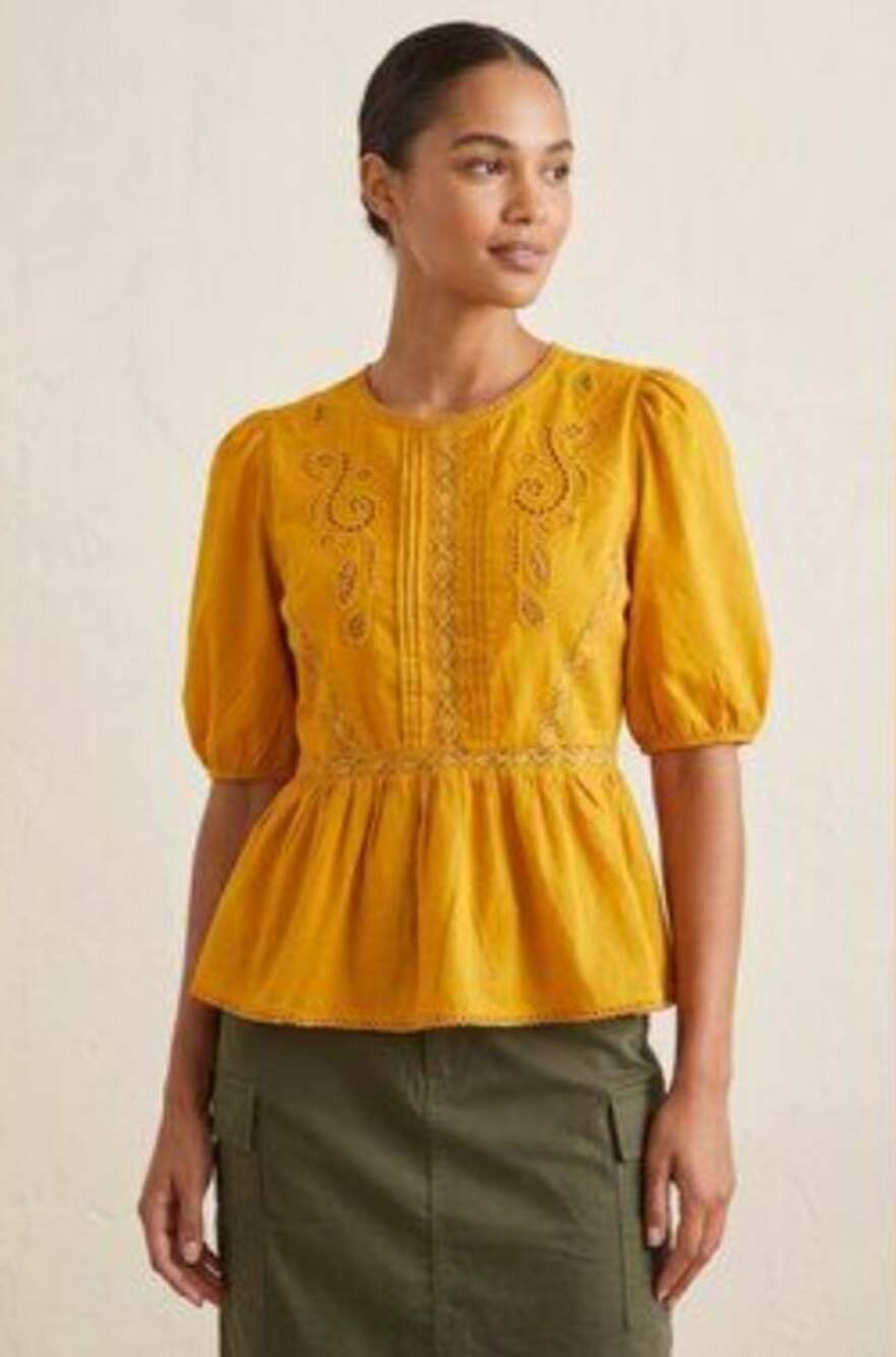 Calligraphe Embroidered Eyelet Peplum Babydoll Blouse Top Mustard Yellow M NWT